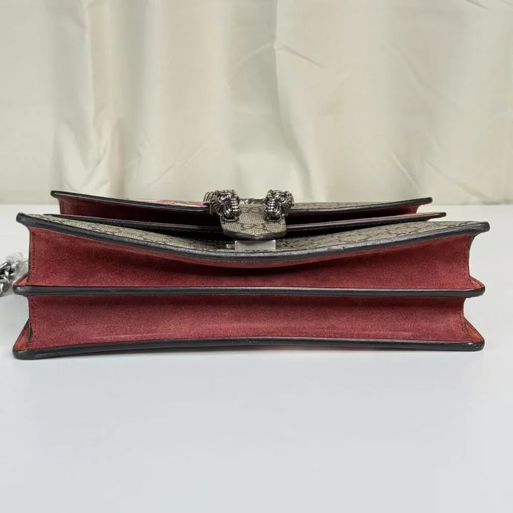 Gucci GG Logo Supreme Medium Dionysus Shoulder Bag with Floral Accent and Red Tr